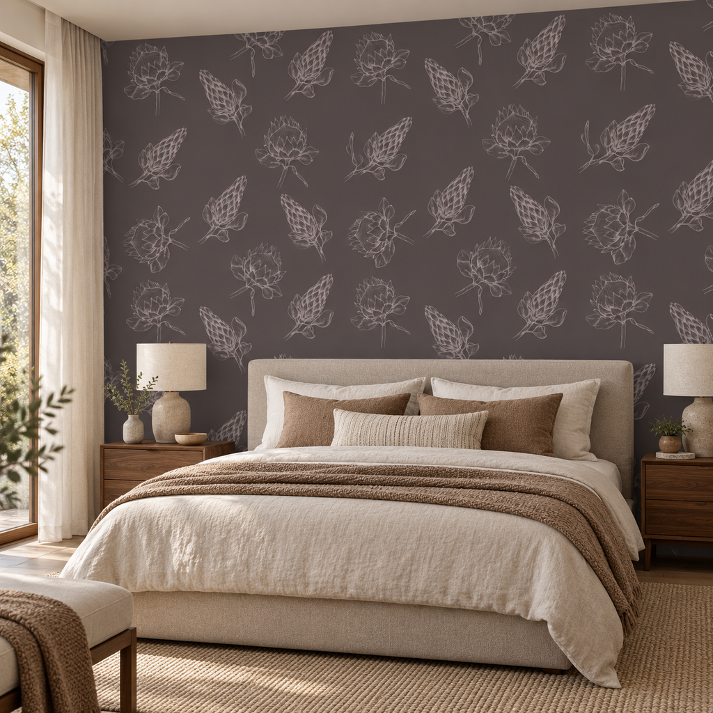 Cocoa Botanicals peel and stick wallpaper styled in a bedroom