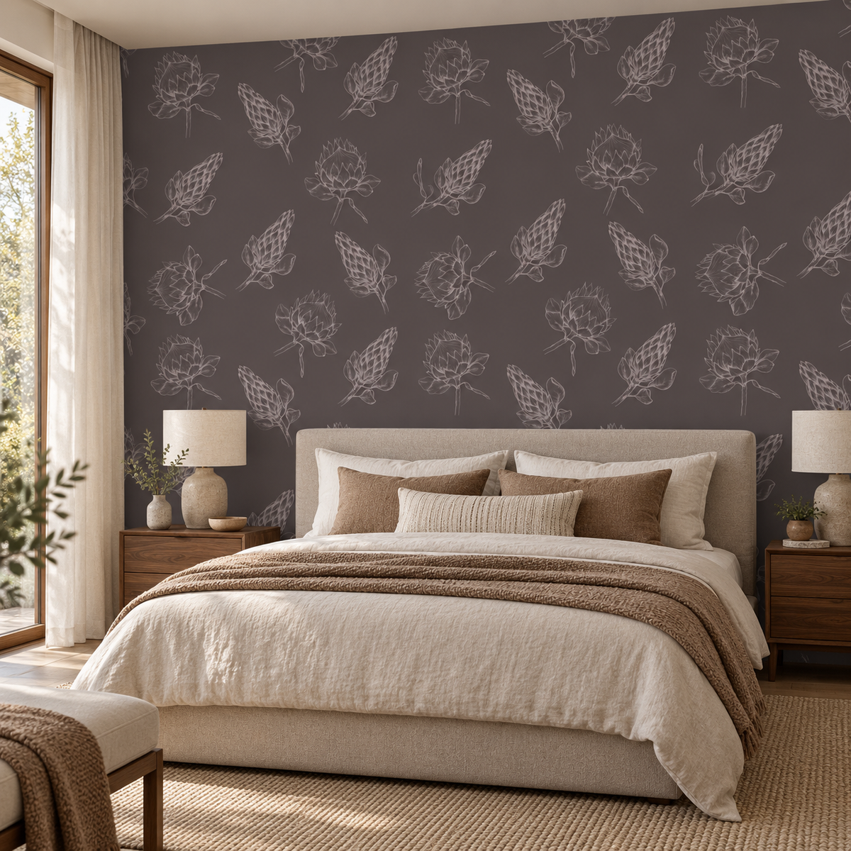 Cocoa Botanicals peel and stick wallpaper styled in a bedroom