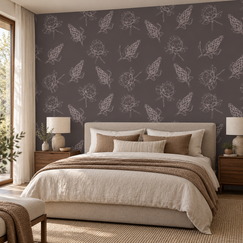 Cocoa Botanicals peel and stick wallpaper styled in a bedroom
