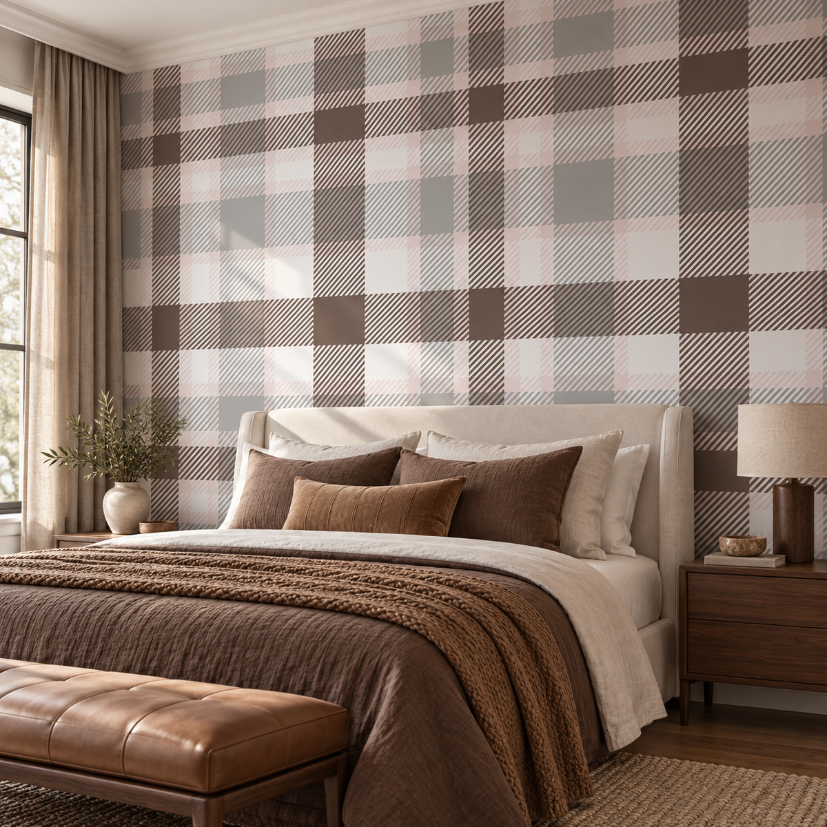 Cocoa Check, peel and stick wallpaper styled on a feature wall