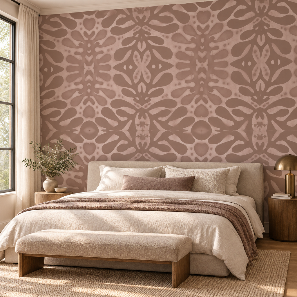 Cocoa Damask, peel and stick wallpaper styled on a feature wall