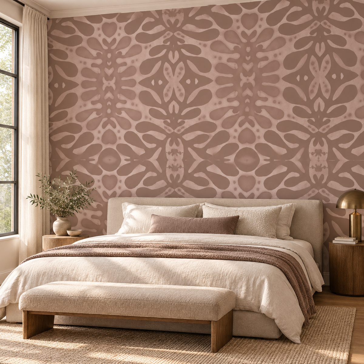 Cocoa Damask, peel and stick wallpaper styled on a feature wall