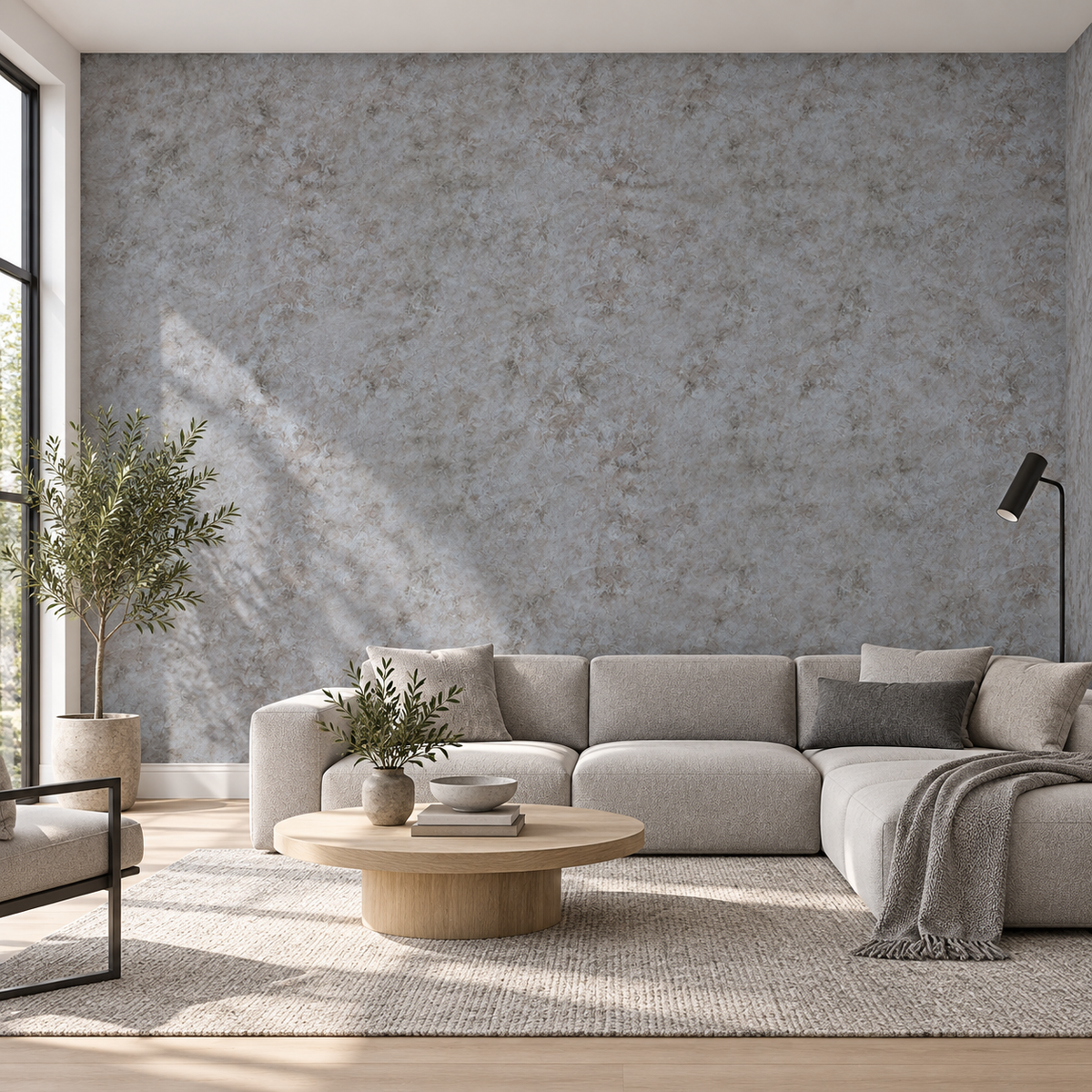 Concrete Mist, peel and stick wallpaper styled on a feature wall
