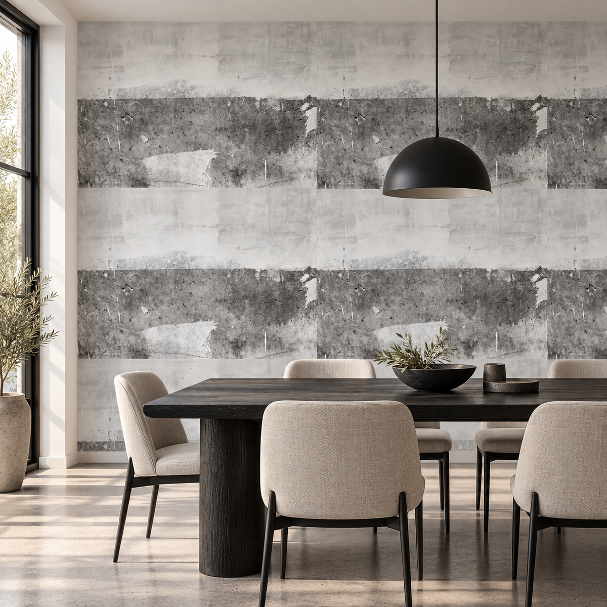 Concrete Wash peel and stick wallpaper styled in a dining room