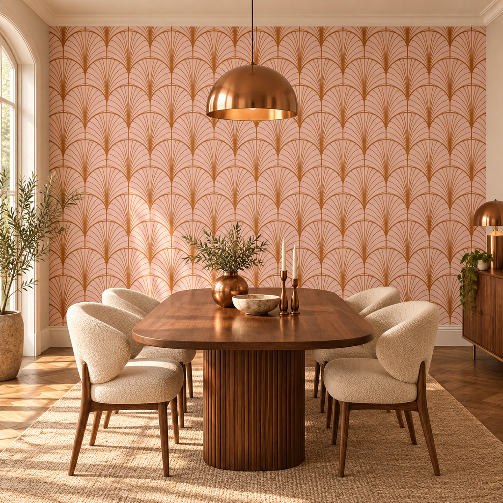 Copper Fans, peel and stick wallpaper styled on a feature wall