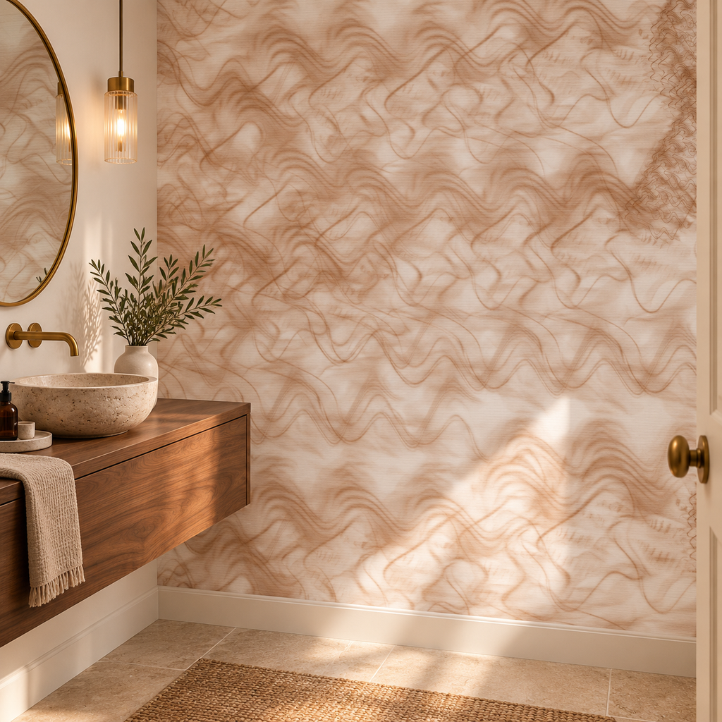 Copper Flow, peel and stick wallpaper styled on a feature wall