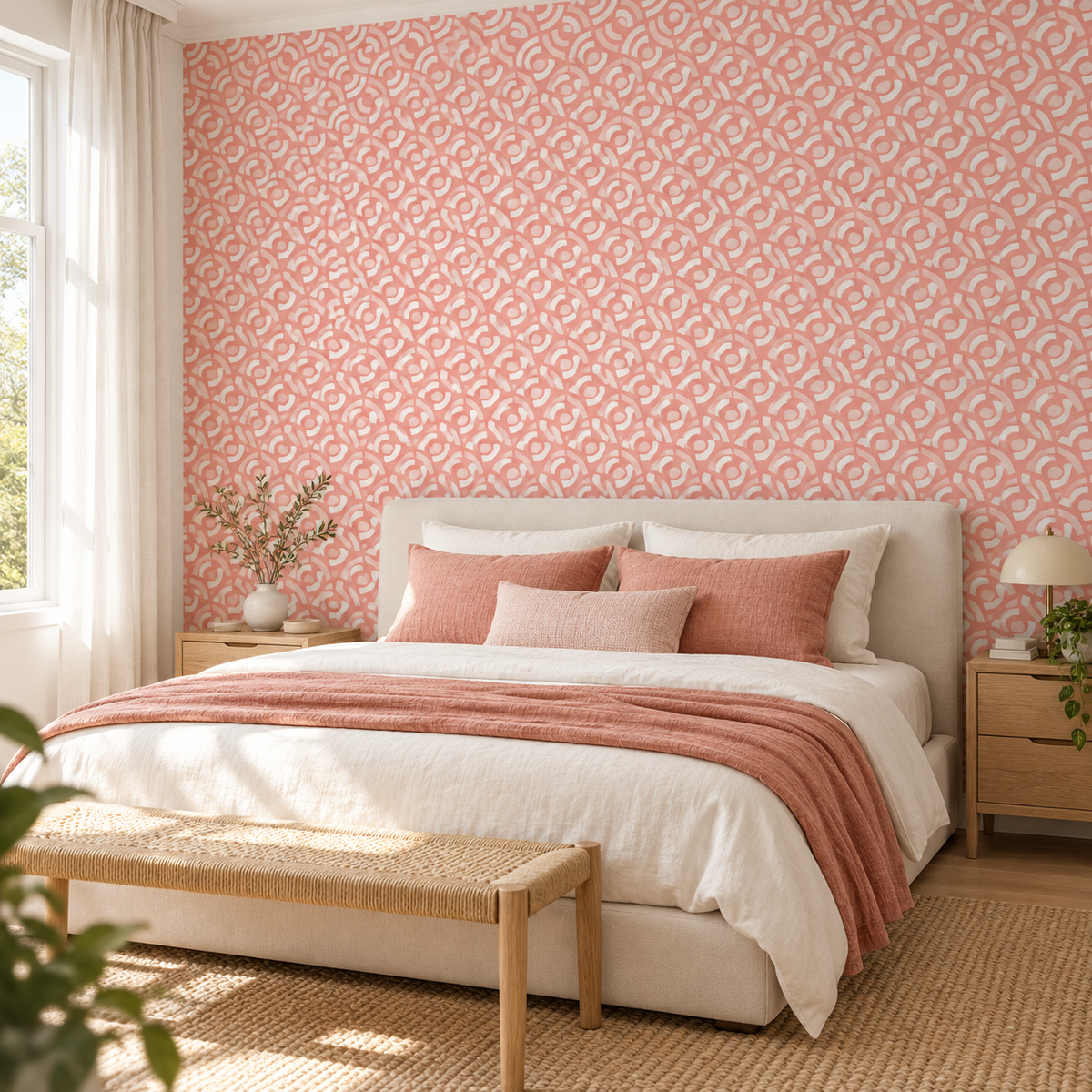 Coral Arches, peel and stick wallpaper styled on a feature wall