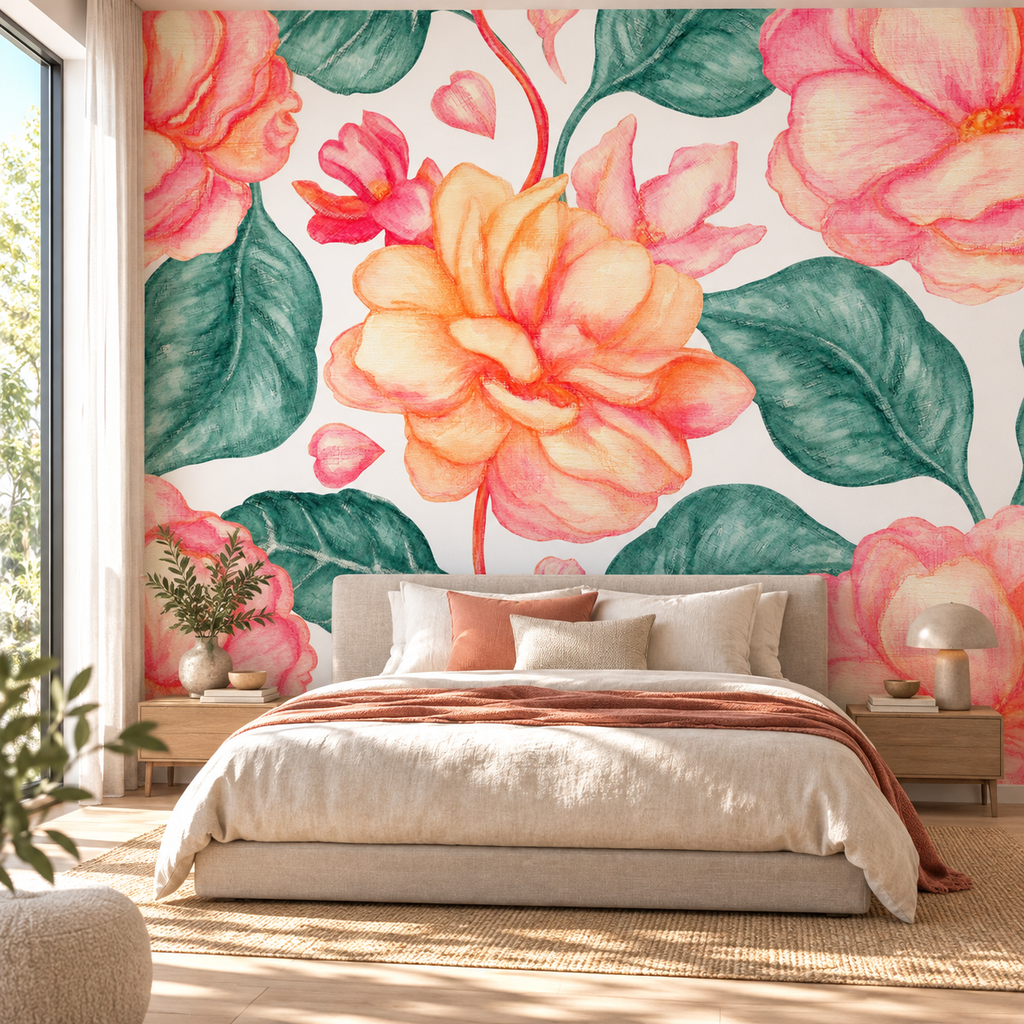 Coral Blossom, peel and stick wallpaper styled on a feature wall