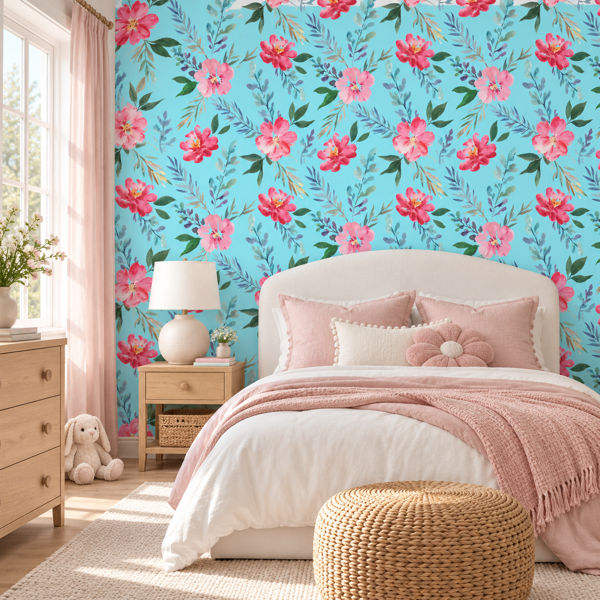Coral Blossoms peel and stick wallpaper styled on a feature wall