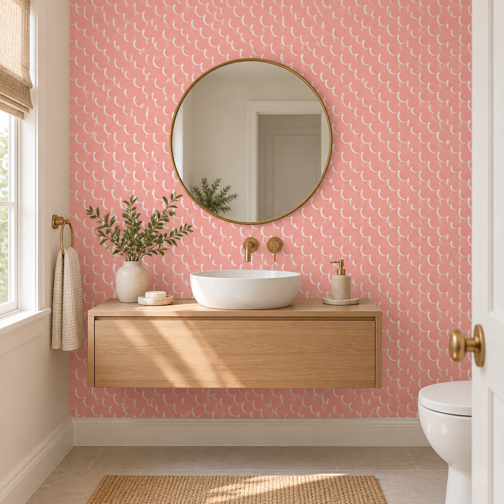 Coral Crescents, peel and stick wallpaper styled on a feature wall