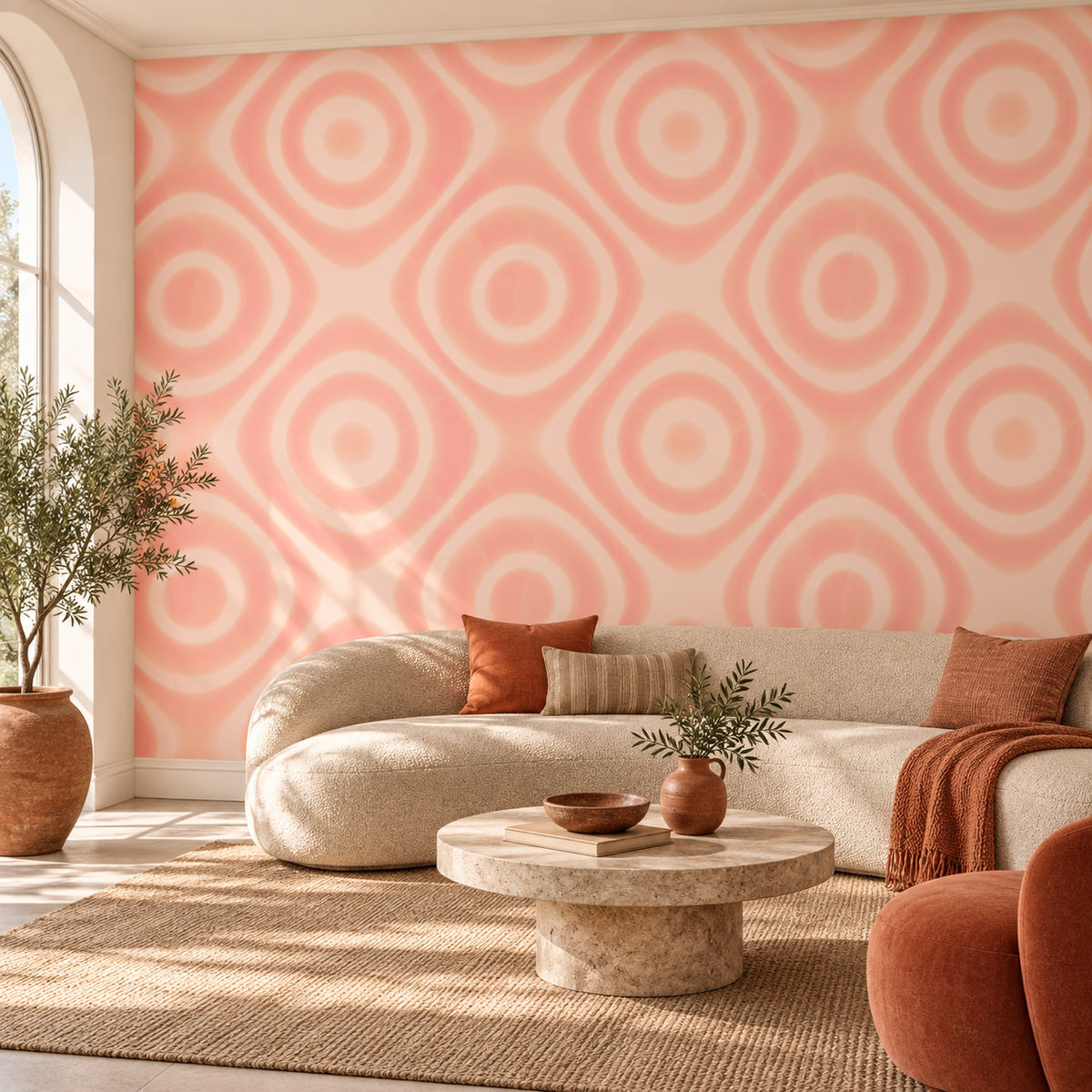 Coral Echo, peel and stick wallpaper styled on a feature wall