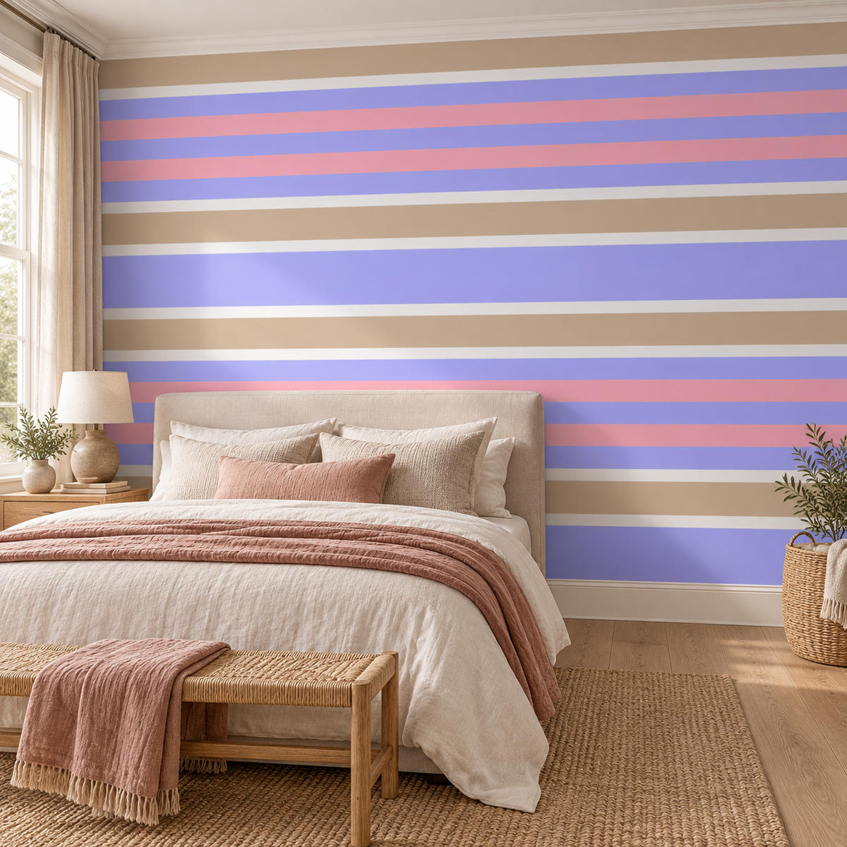 Coral Harmony, peel and stick wallpaper styled on a feature wall
