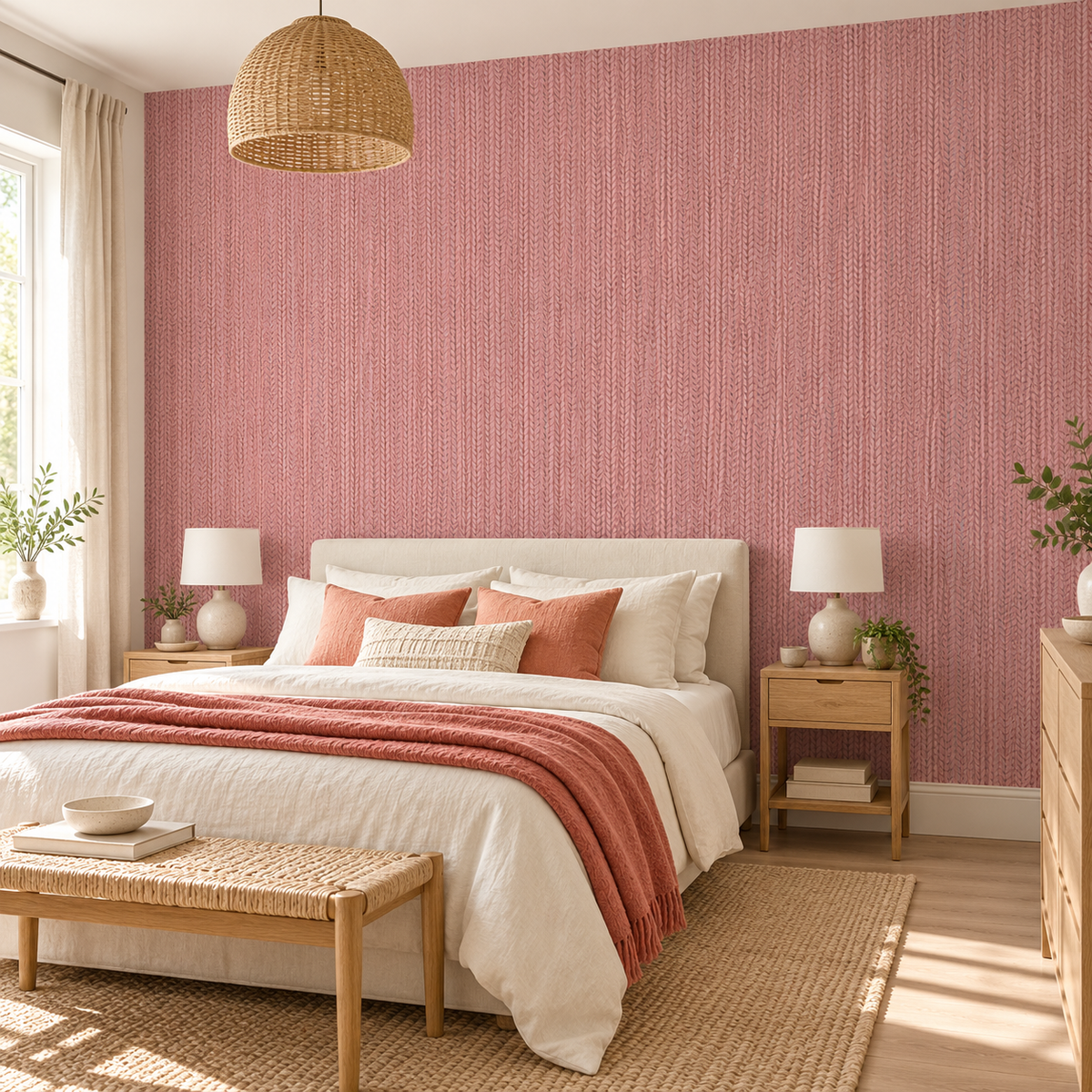 Coral Knit, peel and stick wallpaper styled on a feature wall