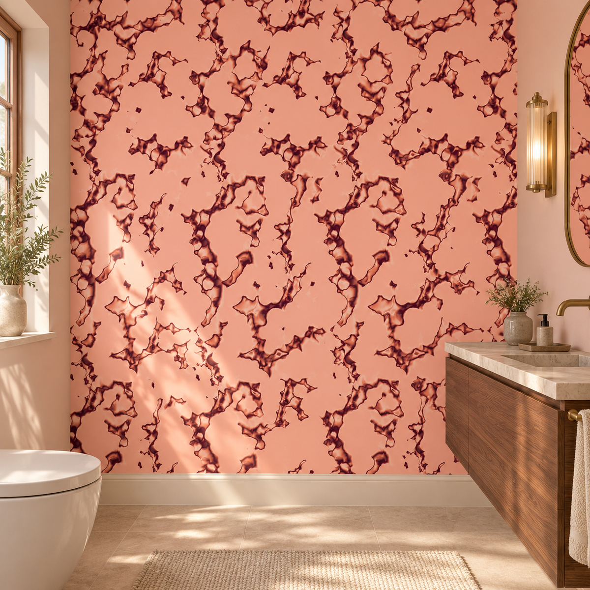 Coral Lava, peel and stick wallpaper styled on a feature wall