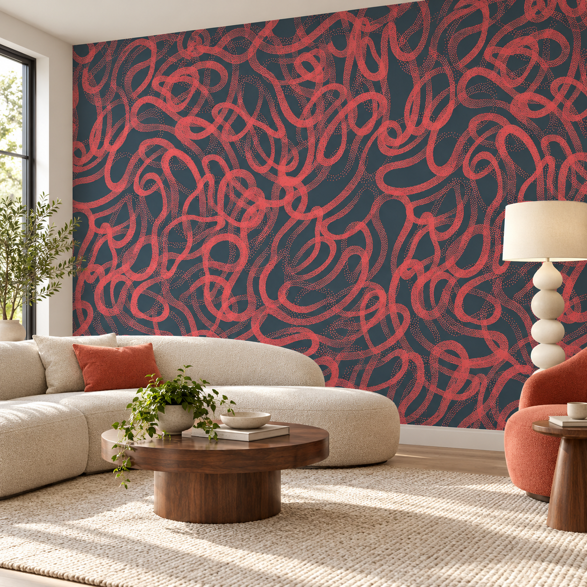 Coral Motion, peel and stick wallpaper styled on a feature wall