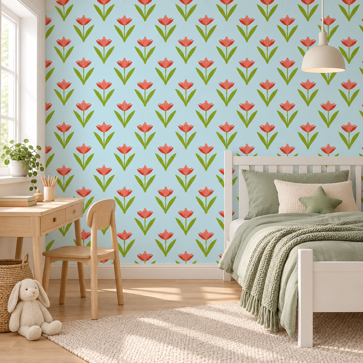 Coral Tulips peel and stick wallpaper styled on a feature wall