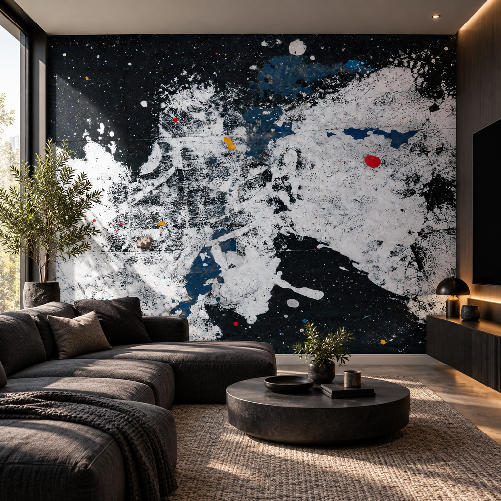 Cosmic Splatter, peel and stick wallpaper styled on a feature wall