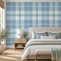 Country Plaid in Dusty Blue by Sarah Thorpe, peel and stick wallpaper styled on a feature wall