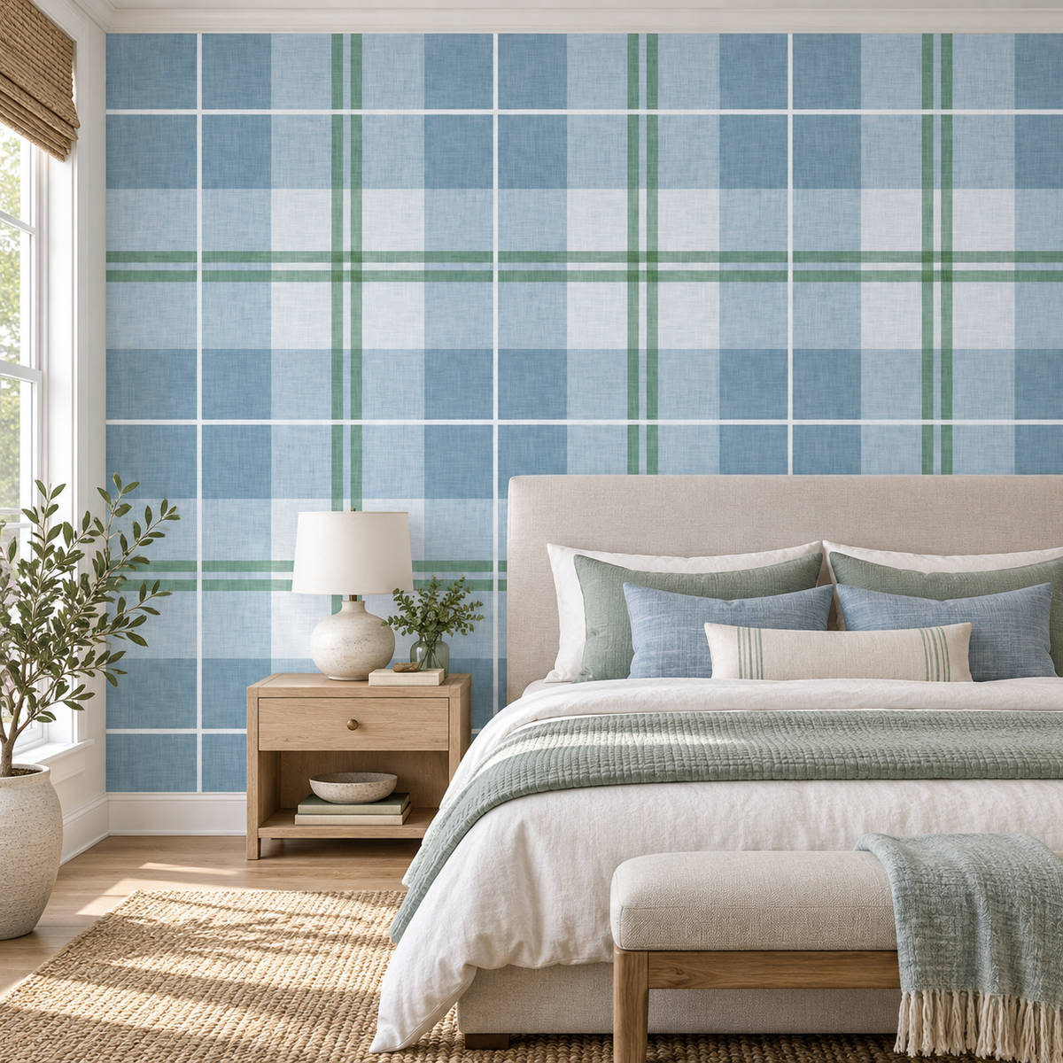 Country Plaid in Dusty Blue by Sarah Thorpe, peel and stick wallpaper styled on a feature wall