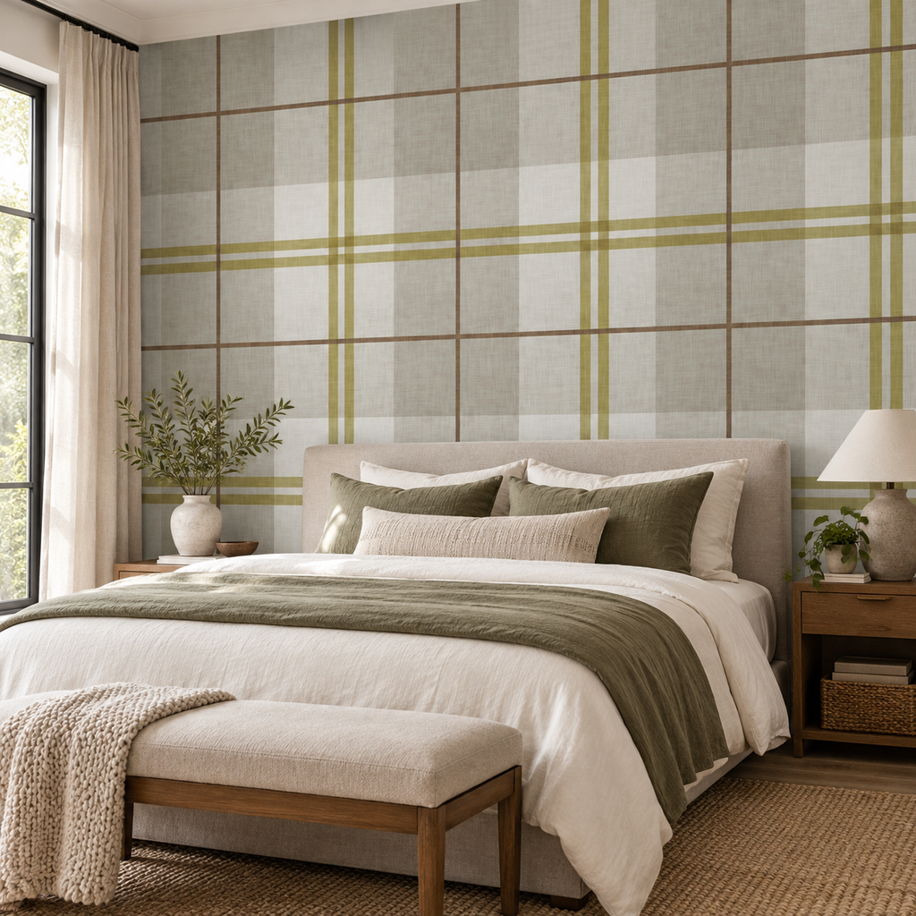 Country Plaid in Neutral Beige by Sarah Thorpe, peel and stick wallpaper styled on a feature wall