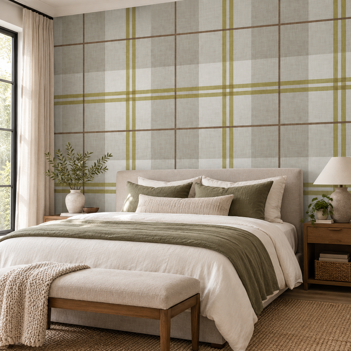 Country Plaid in Neutral Beige by Sarah Thorpe, peel and stick wallpaper styled on a feature wall