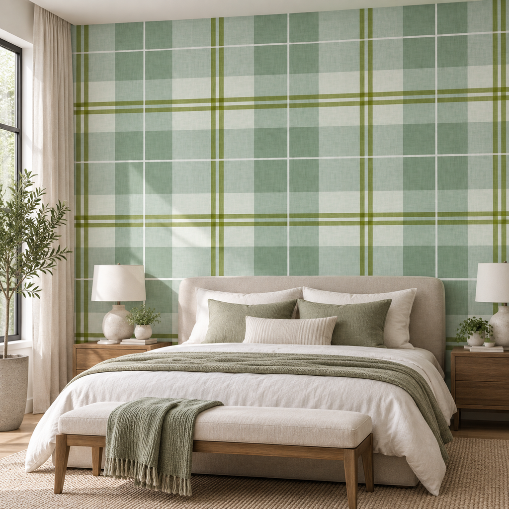 Country Plaid in Sea Green by Sarah Thorpe, peel and stick wallpaper styled on a feature wall