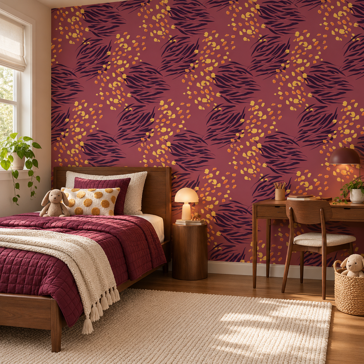 Crimson Canopy peel and stick wallpaper styled on a feature wall
