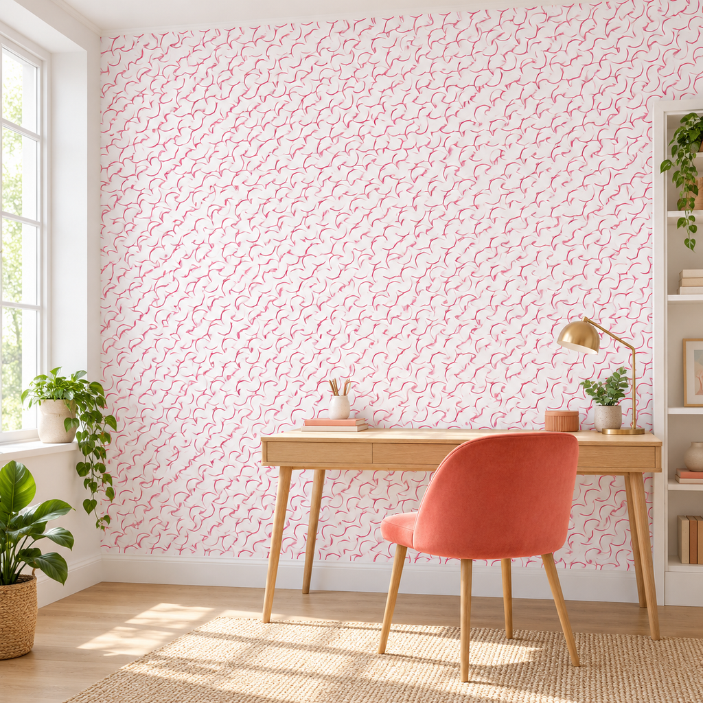 Crimson Curves, peel and stick wallpaper styled on a feature wall