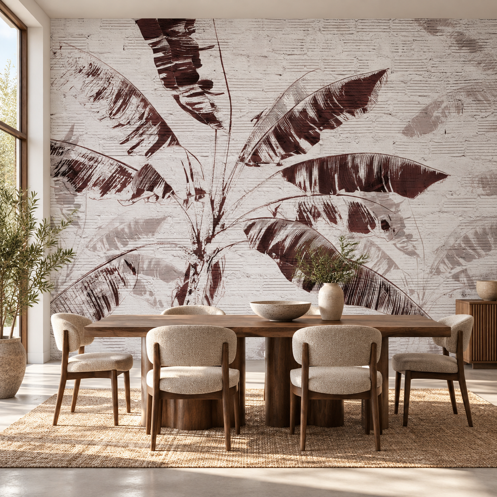Crimson Leaves, peel and stick wallpaper styled on a feature wall