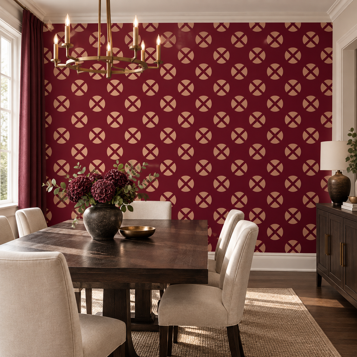 Crimson Medallions, peel and stick wallpaper styled on a feature wall