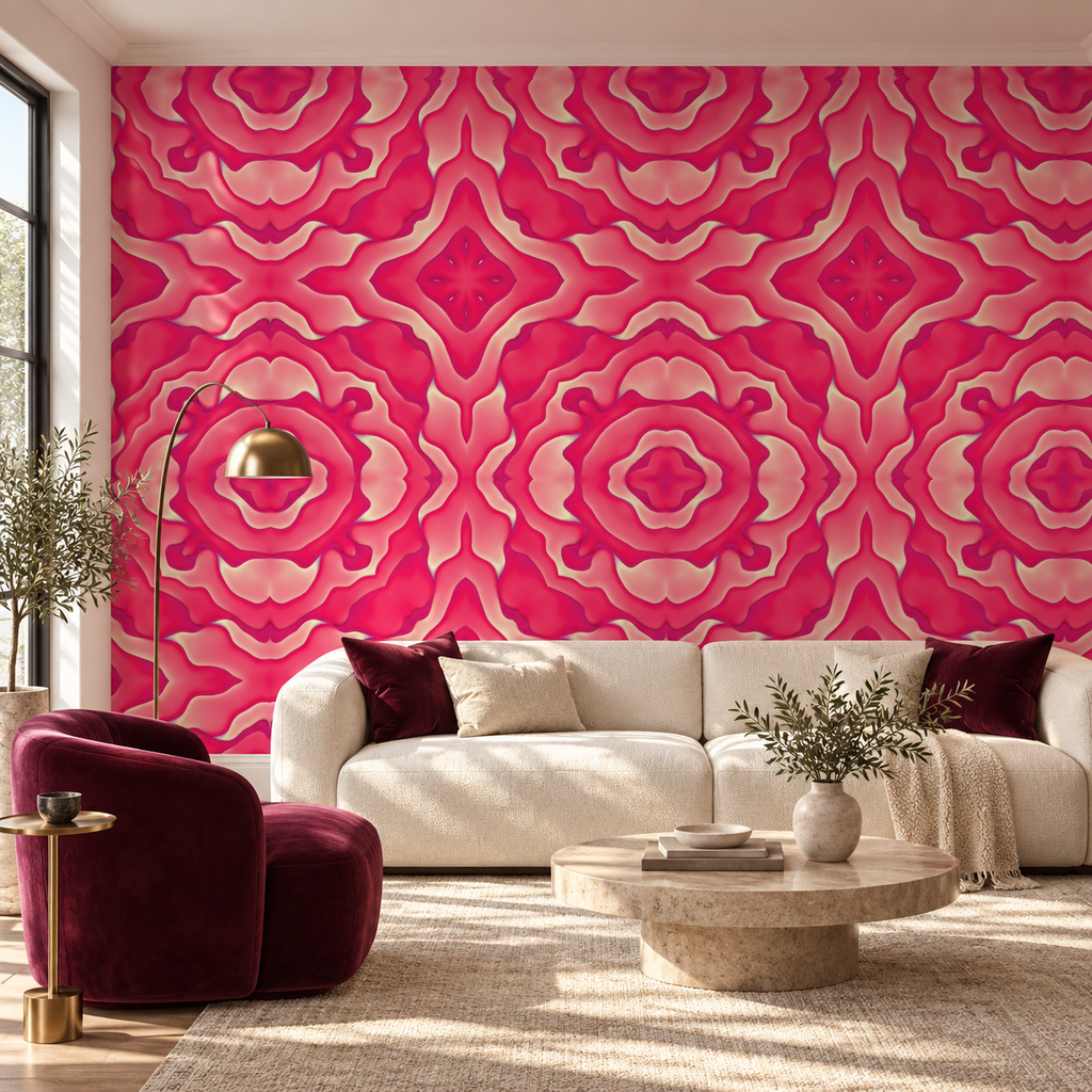 Crimson Mirage, peel and stick wallpaper styled on a feature wall