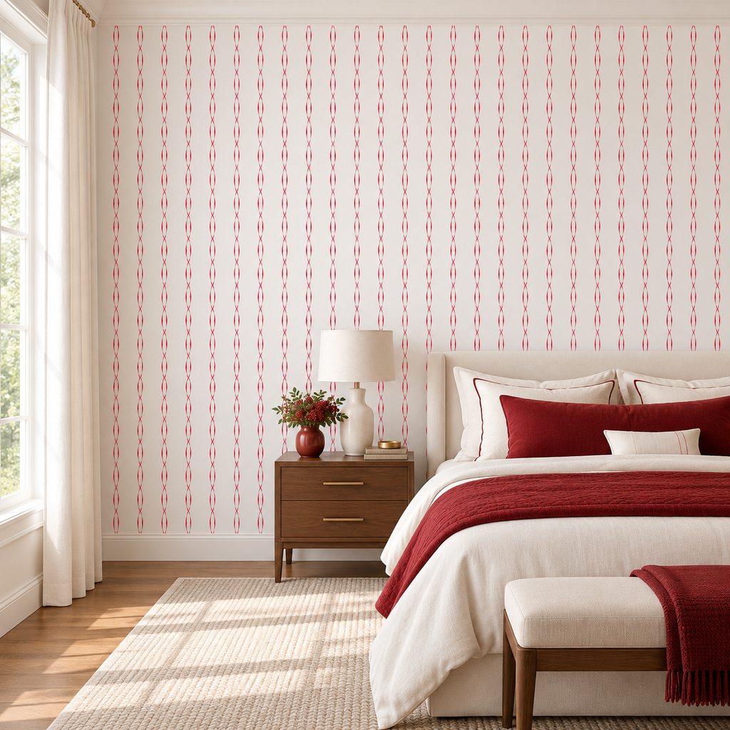 Crimson Threads, peel and stick wallpaper styled on a feature wall
