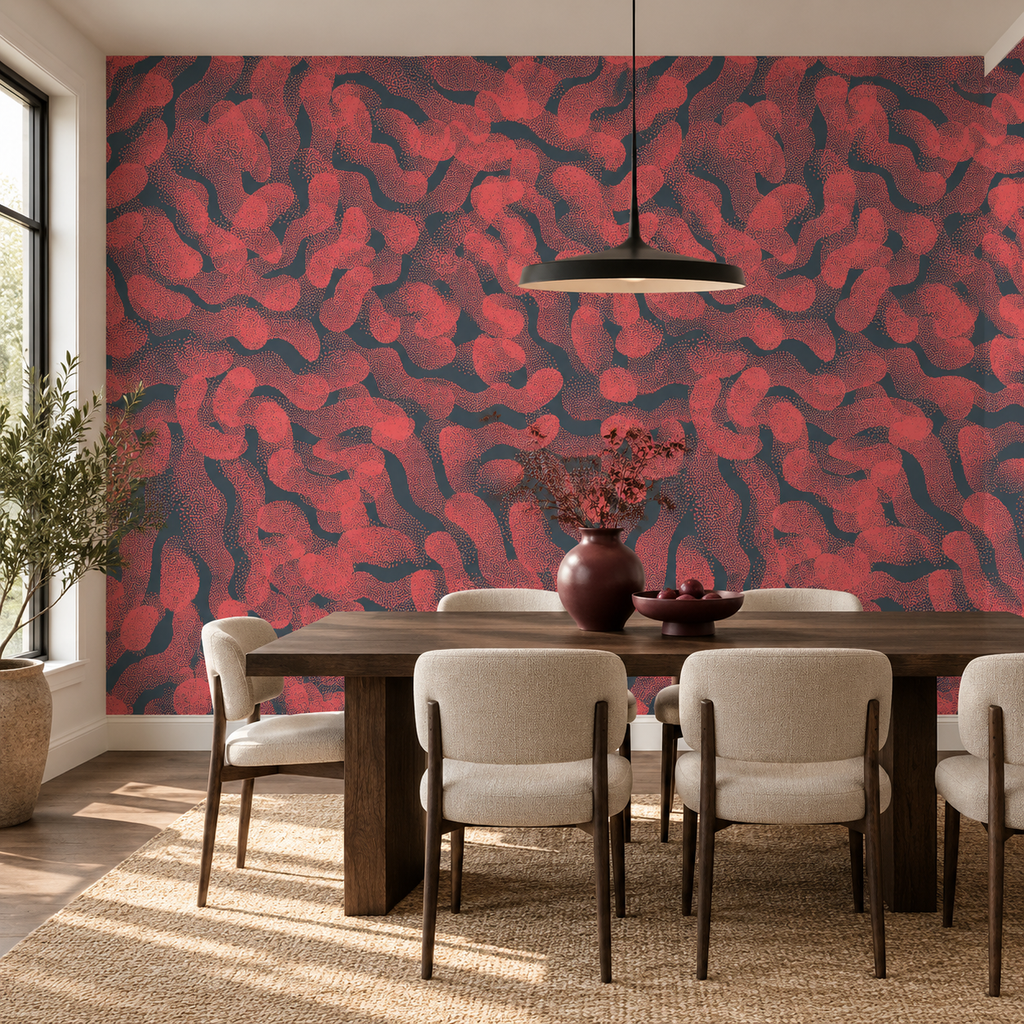 Crimson Tides, peel and stick wallpaper styled on a feature wall