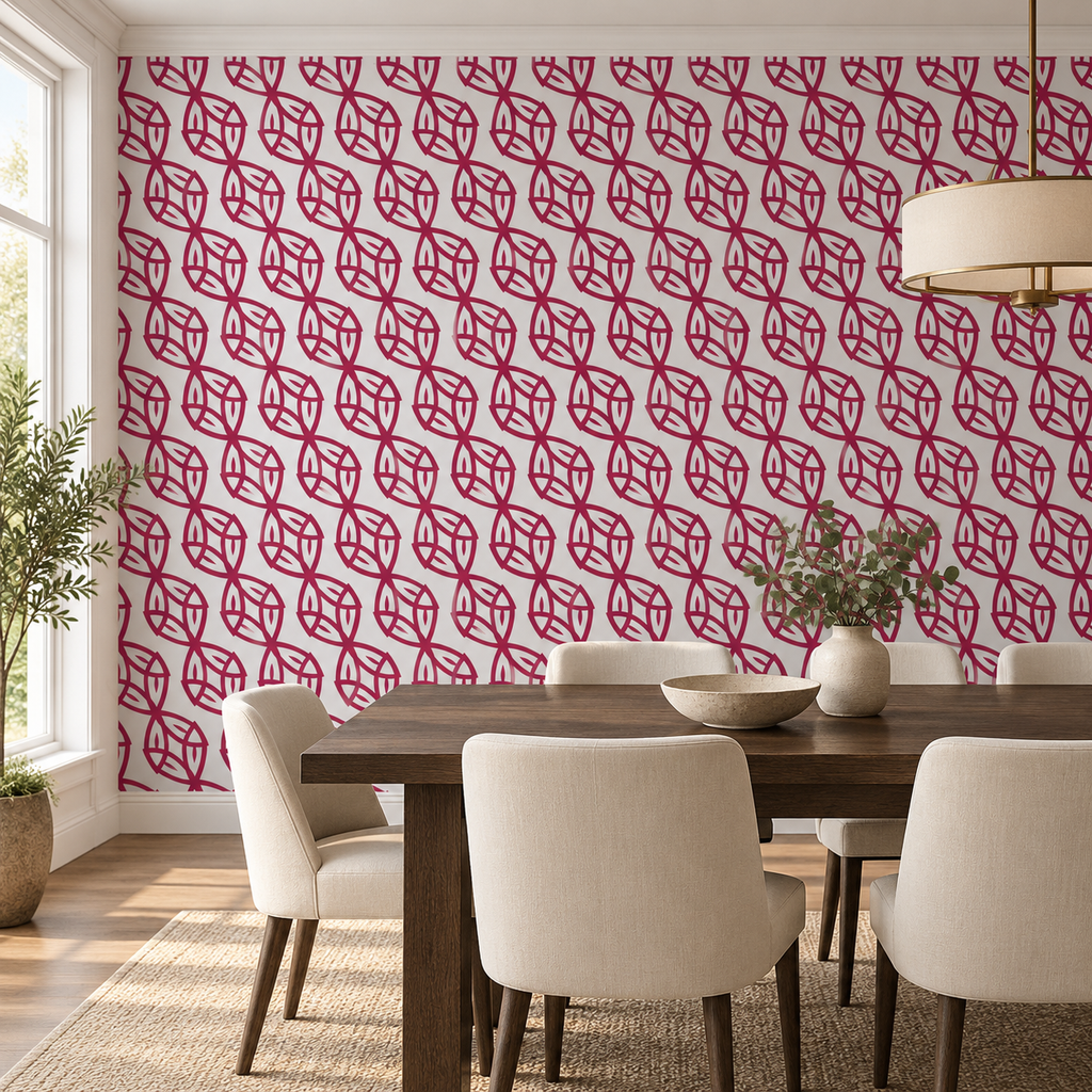 Crimson Trellis, peel and stick wallpaper styled on a feature wall