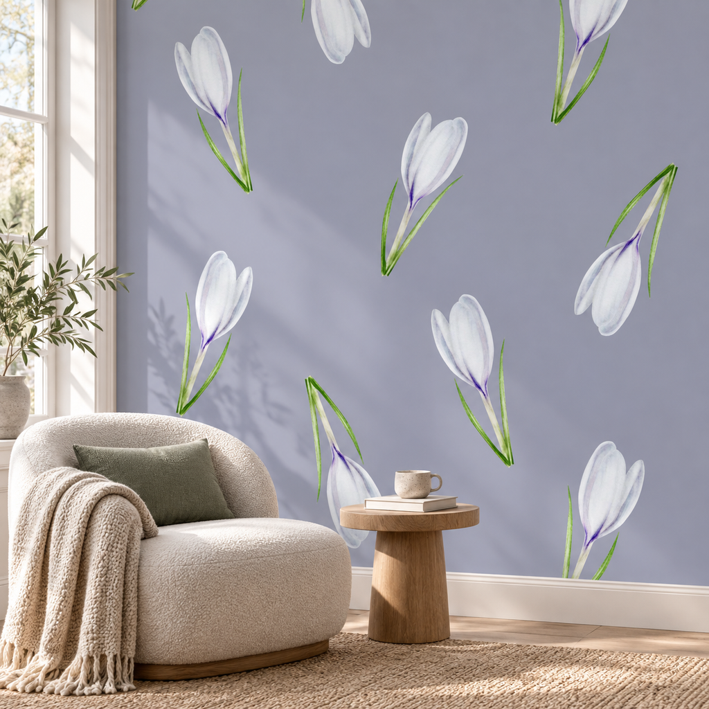 Crocus Calm, peel and stick wallpaper styled on a feature wall
