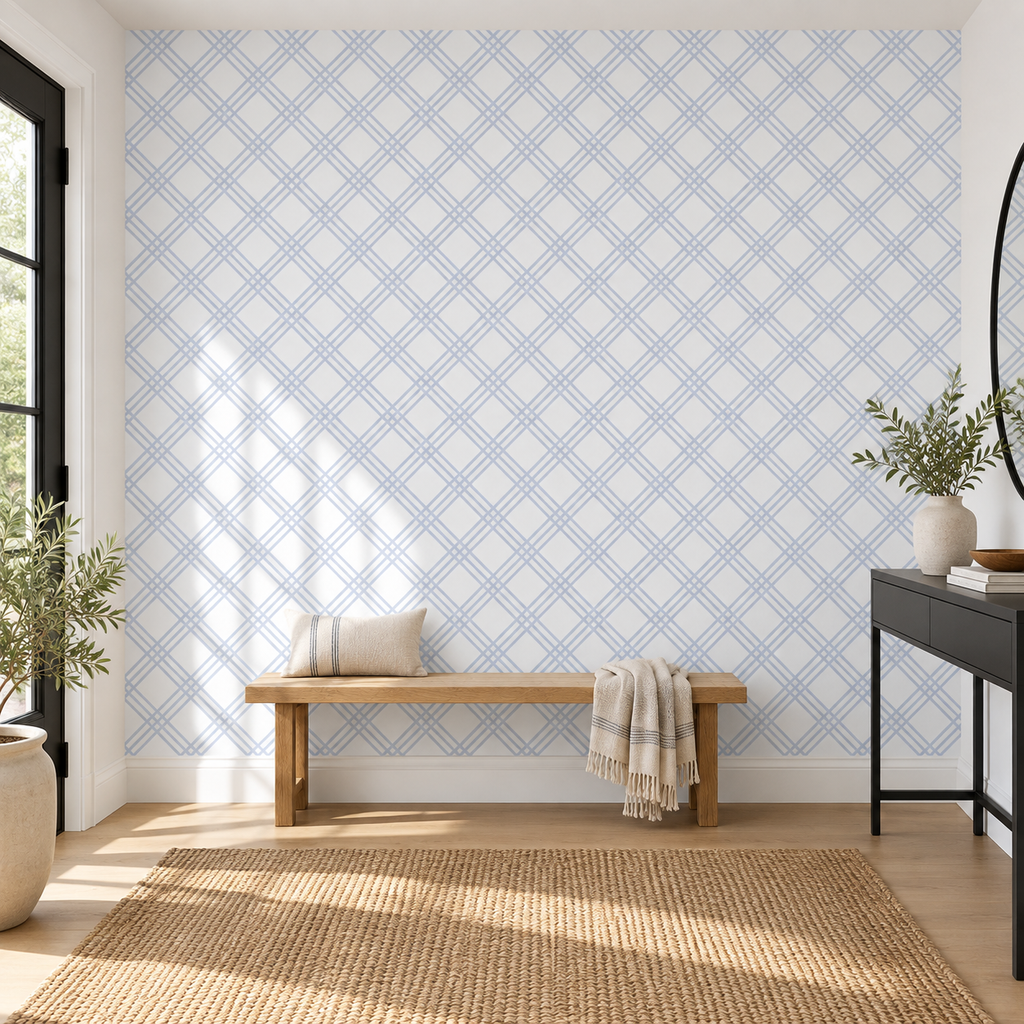 Cross Lattice, peel and stick wallpaper styled on a feature wall