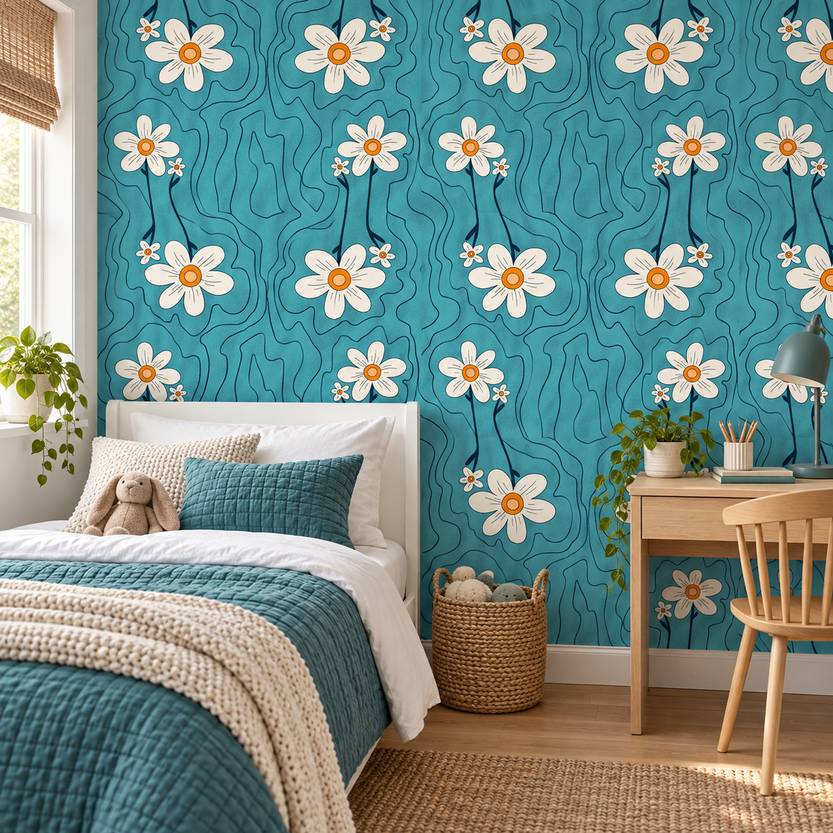 Daisy Pond peel and stick wallpaper styled on a feature wall