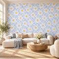 Daisy Whisper, peel and stick wallpaper styled on a feature wall