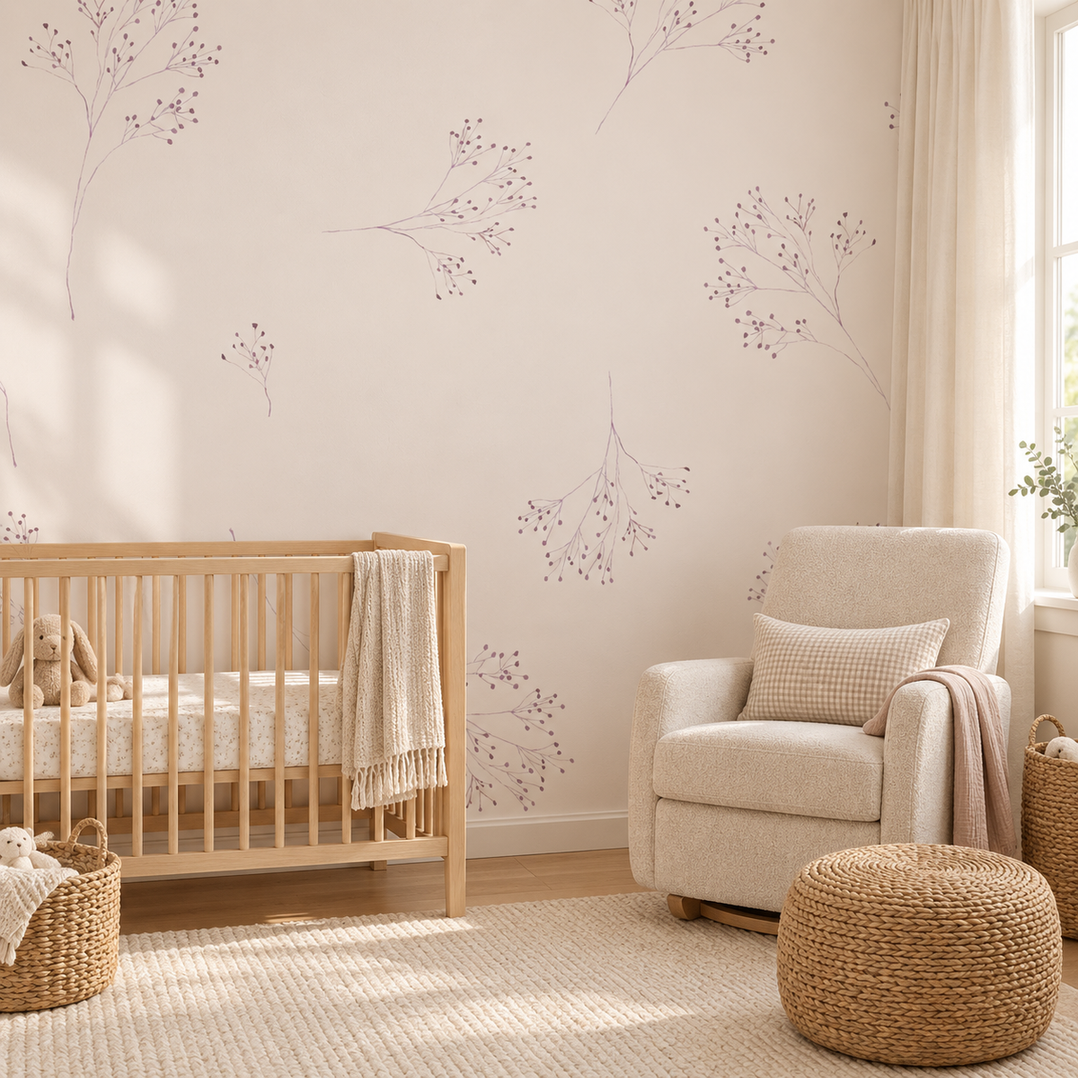Delicate Sprigs peel and stick wallpaper styled on a feature wall