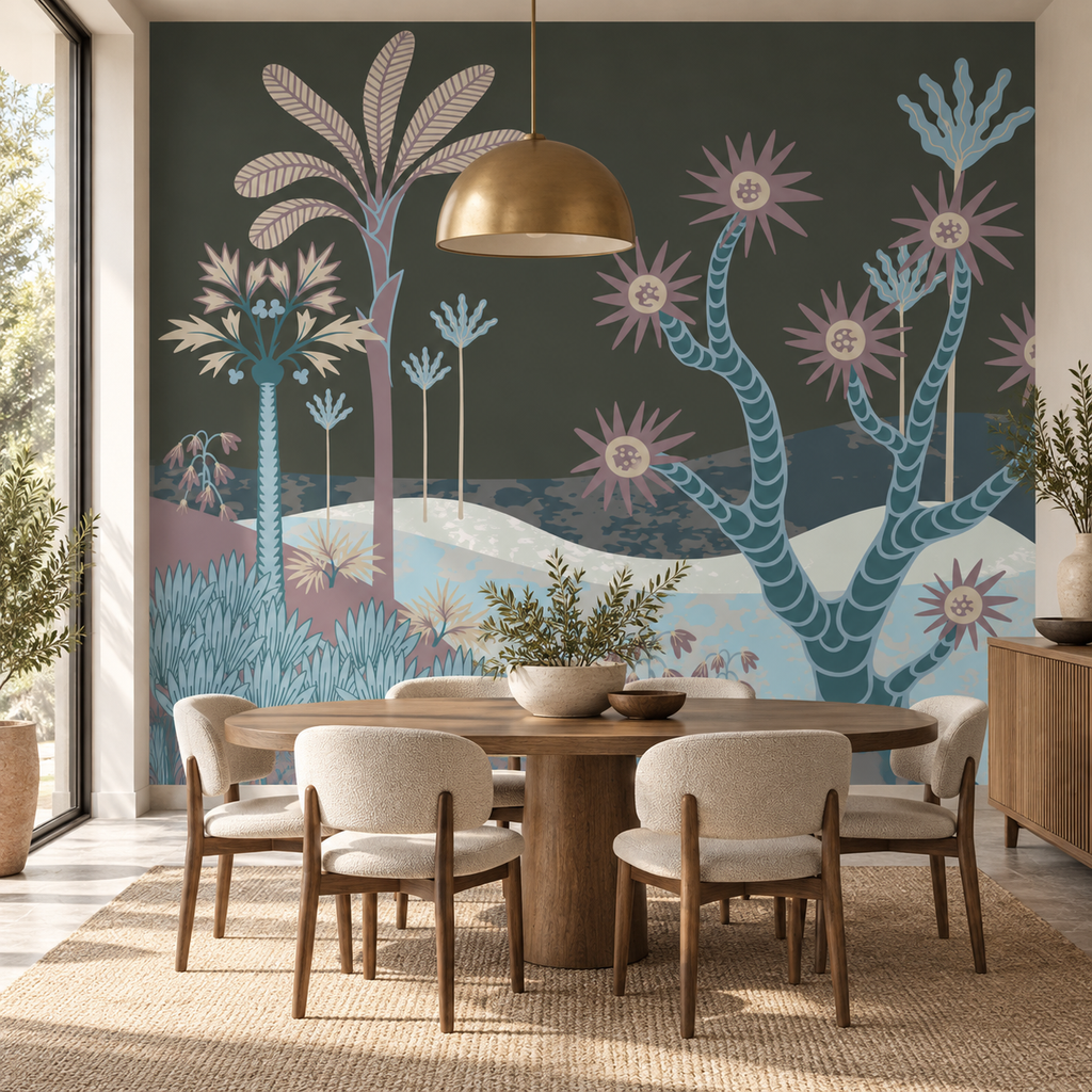 Desert Bloom, peel and stick wallpaper styled on a feature wall