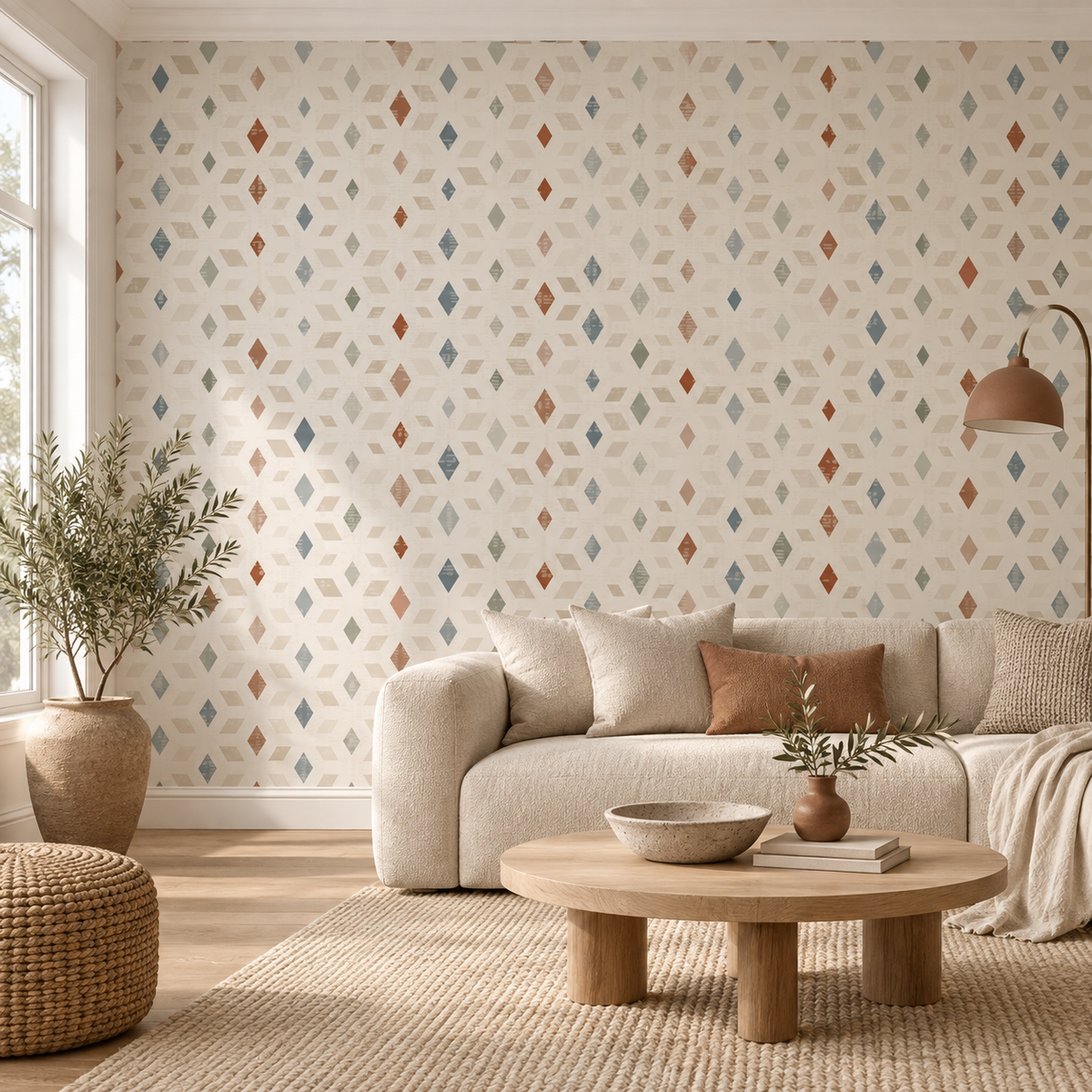 Desert Diamonds, peel and stick wallpaper styled on a feature wall