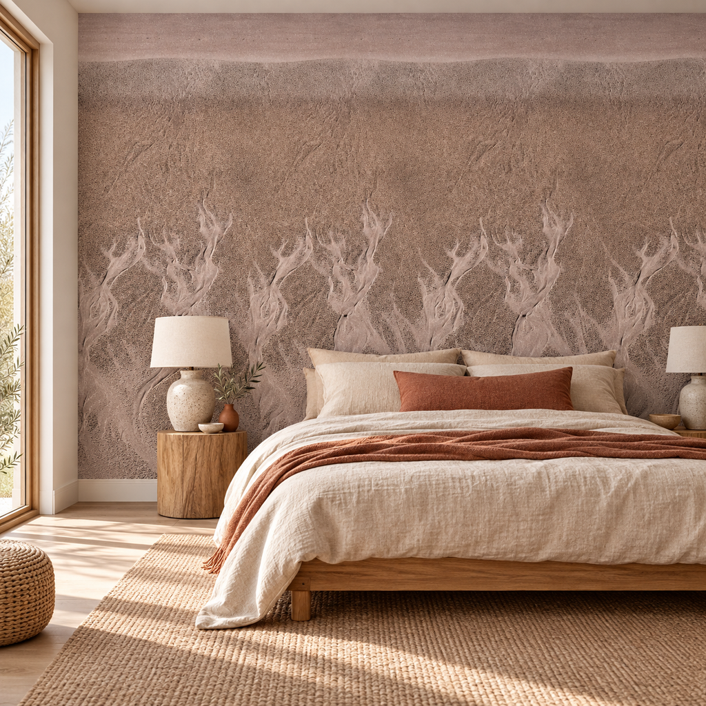 Desert Flow, peel and stick wallpaper styled on a feature wall