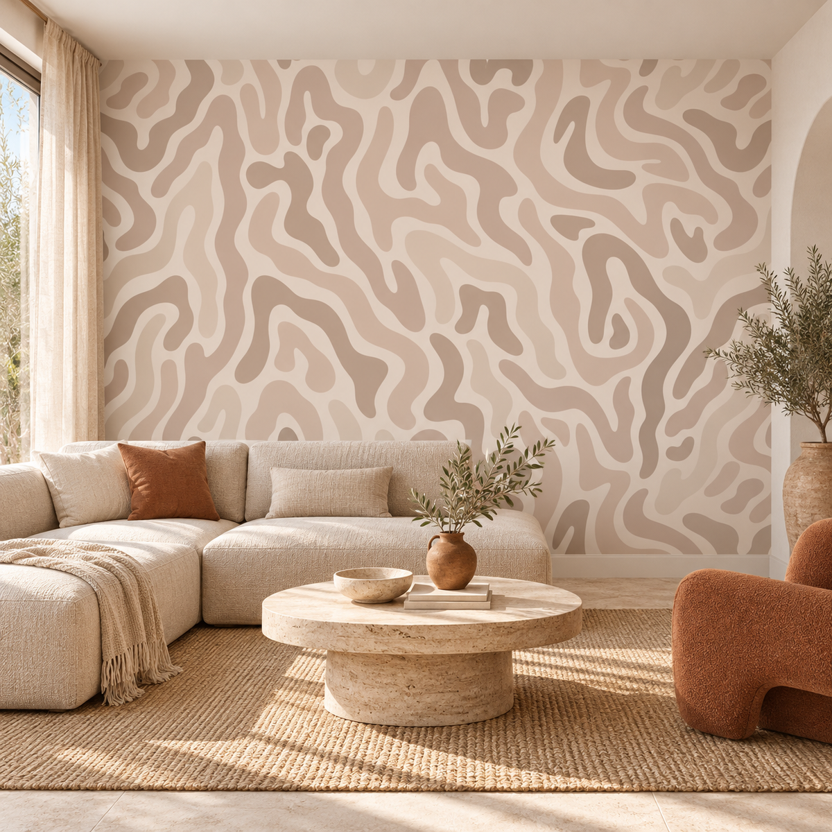 Organic Flow, peel and stick wallpaper styled on a feature wall