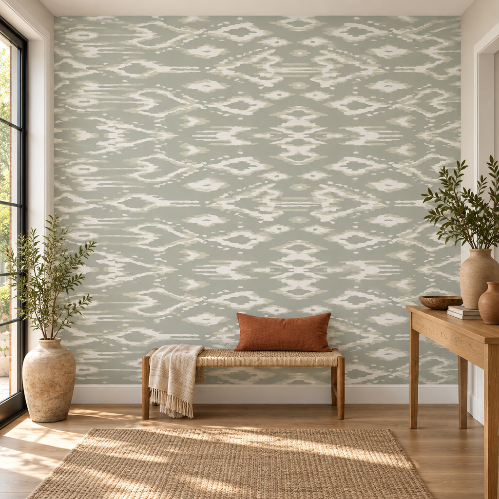 Desert Ikat, peel and stick wallpaper styled on a feature wall