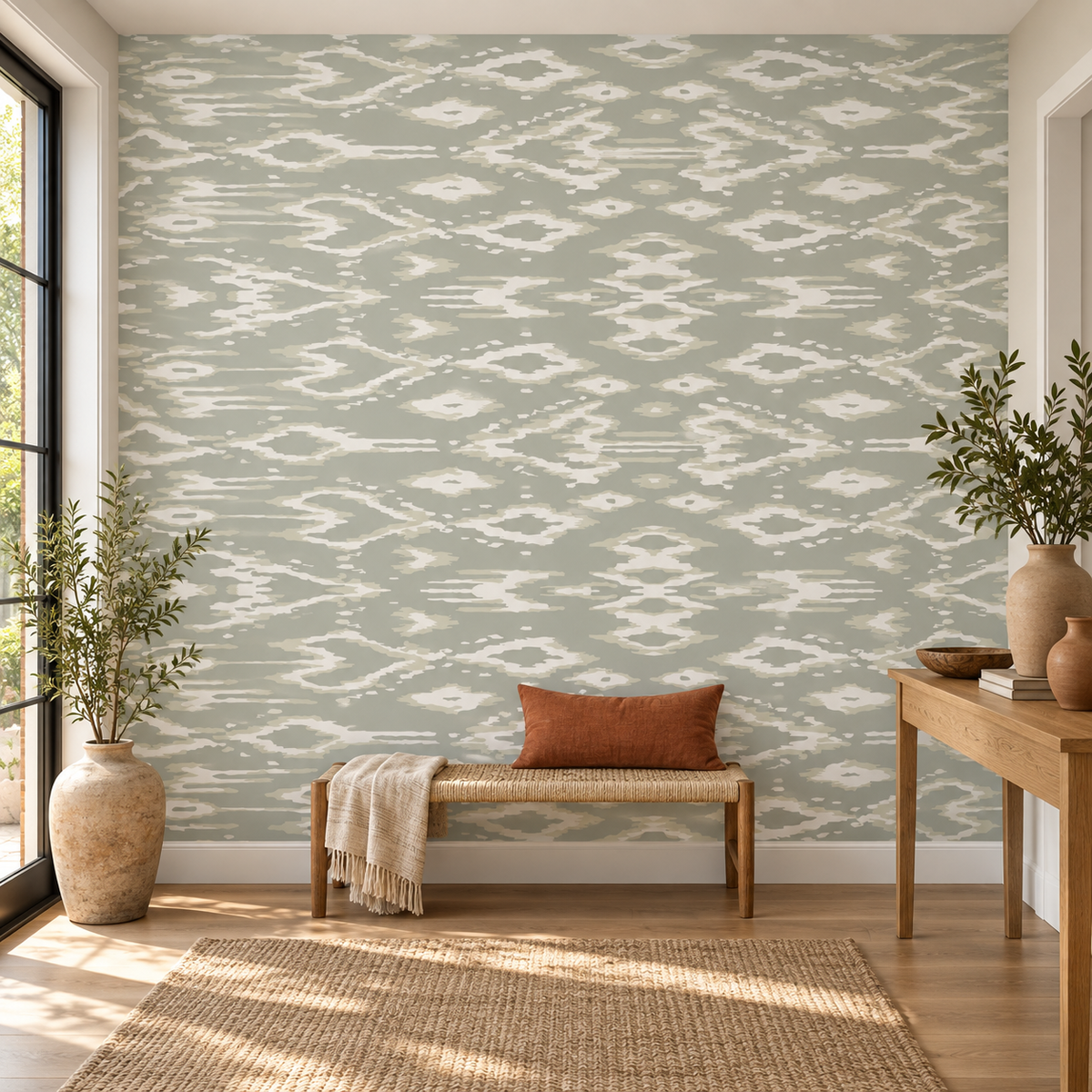 Desert Ikat, peel and stick wallpaper styled on a feature wall