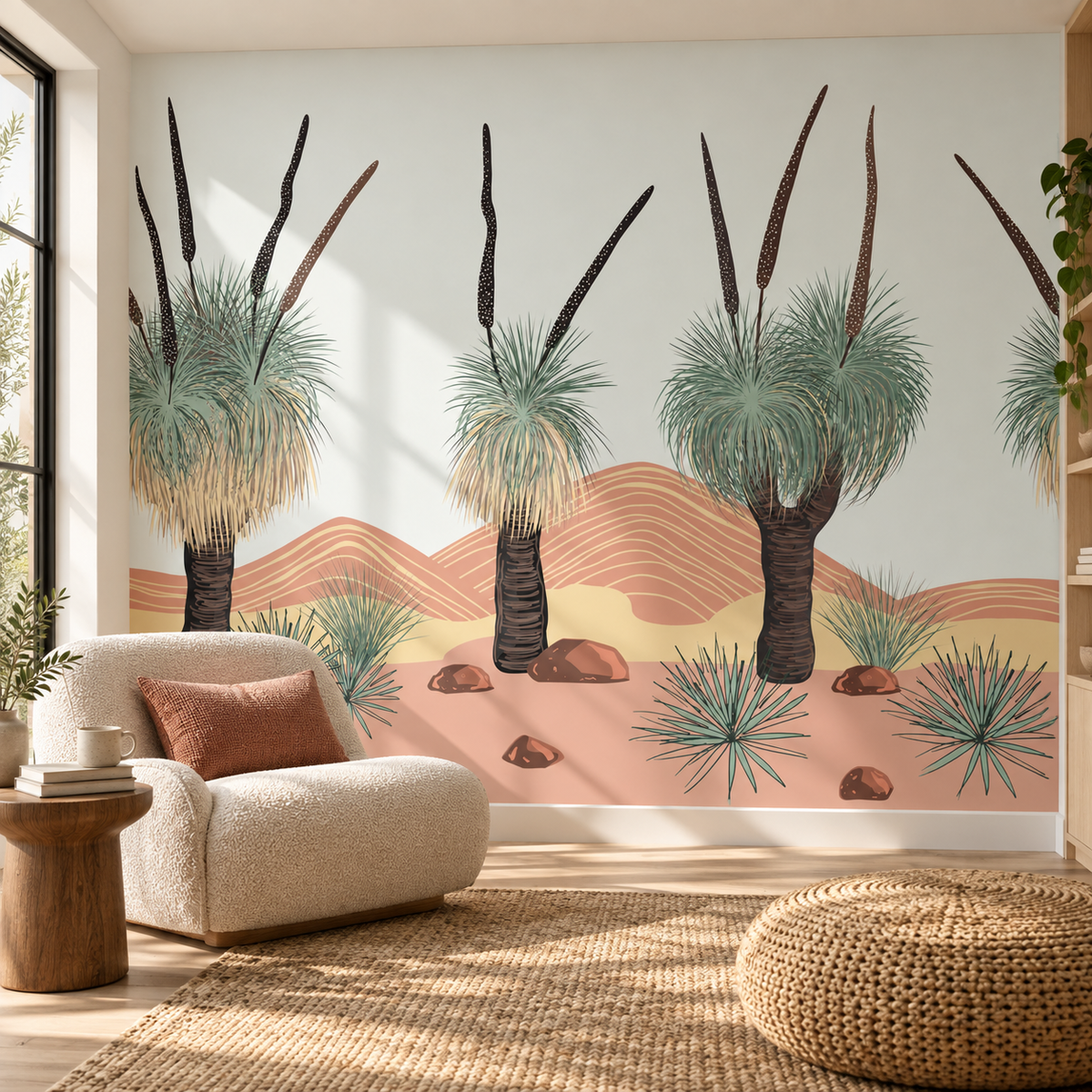 Desert Palms, peel and stick wallpaper styled on a feature wall