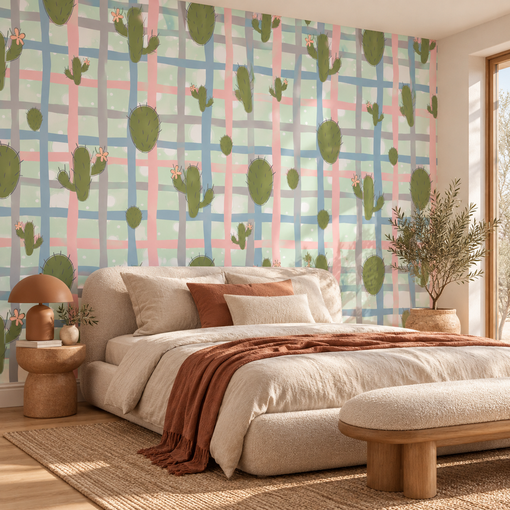 Desert Plaid, peel and stick wallpaper styled on a feature wall