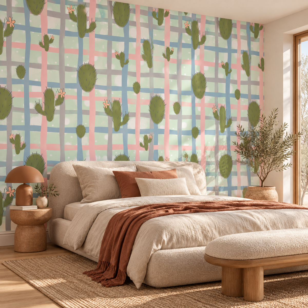 Desert Plaid, peel and stick wallpaper styled on a feature wall