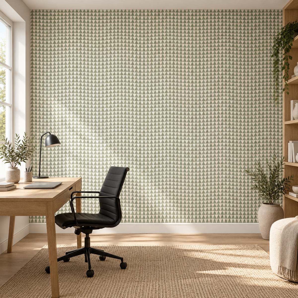 Desert Triangles, peel and stick wallpaper styled on a feature wall