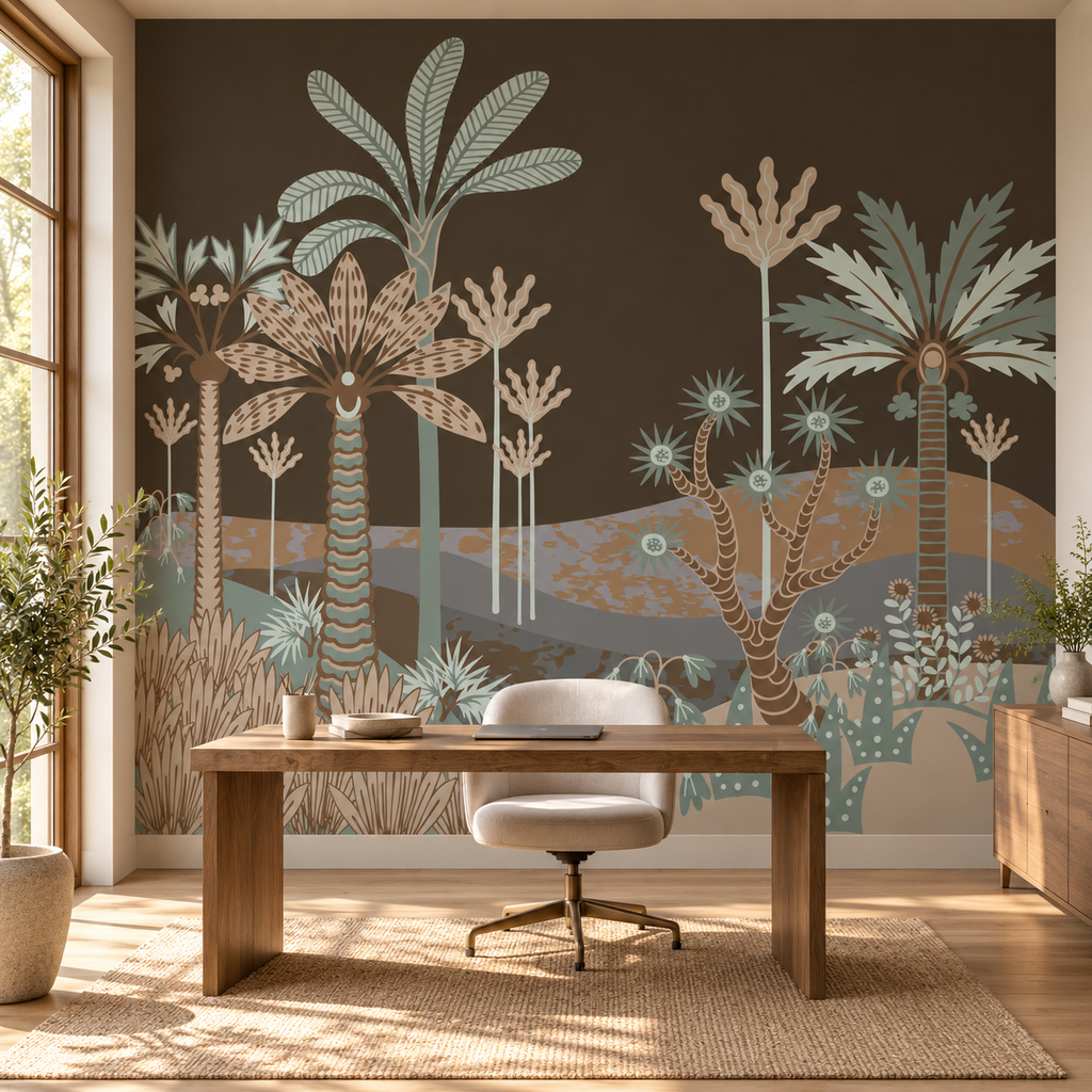 Desert Twilight, peel and stick wallpaper styled on a feature wall